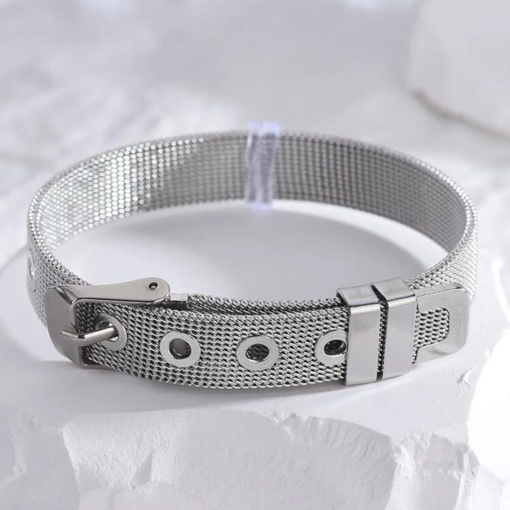 Silver Plated Stainless Steel Belt Bracelet – Modern Minimalist Buckle Design